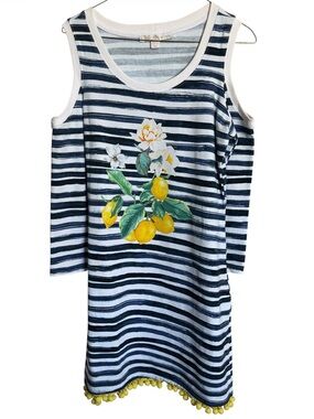 BOSTON PROPER L/S Striped Navy White Lemon Floral Mini Dress Pom-poms Size XS
